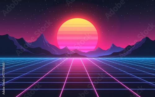 Abstract retro sci-fi grid 80's, 90's neon colors night and sunset, vintage cyberpunk illustration, retro synthwave style neon landscape background. High quality