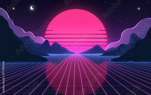 Abstract retro sci-fi grid 80's, 90's neon colors night and sunset, vintage cyberpunk illustration, retro synthwave style neon landscape background. High quality