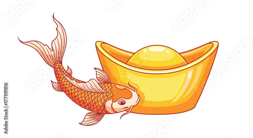 Golden Koi Fish and Chinese Gold Ingot Symbolizing Wealth and Prosperity, Generative AI.