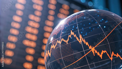 Wallpaper Mural A transparent globe displays fluctuating orange financial graphs with a blurred digital stock market background, symbolizing global finance, economics, and data analysis Torontodigital.ca