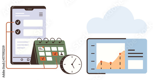 Smartphone, calendar with checkmarks, clock, cloud, and analytics dashboard representing productivity, time management, and organization. Ideal for planning, analytics cloud storage productivity