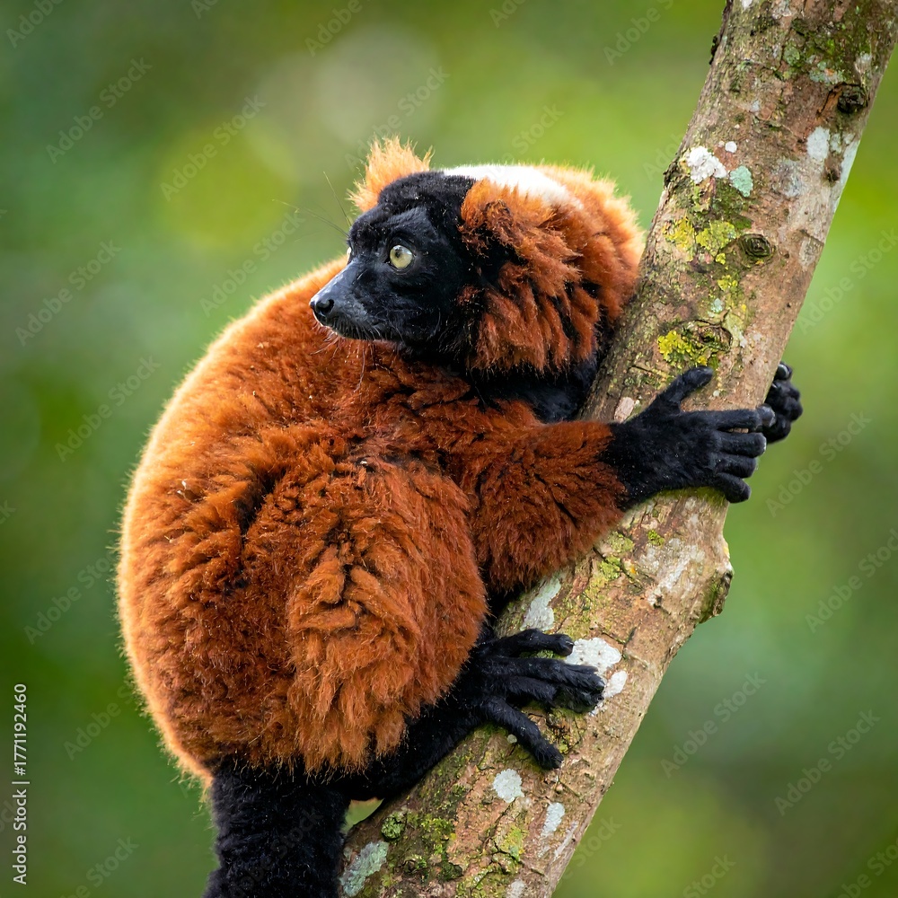 Obraz premium A vibrant primate perches on a tree branch, looking back
