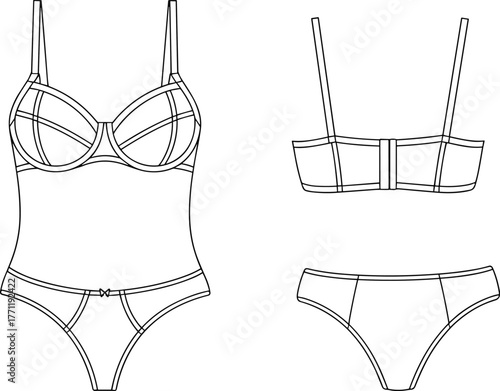 Lingerie fashion sketch, bodysuit bra panty set, underwire and strap details, front and back views, CAD drawing flat vector illustration