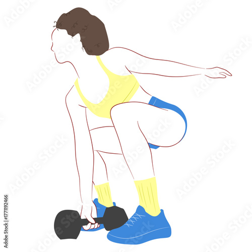 Female athlete lifting kettlebell in squat position. Modern illustration of workout training, strength, and healthy lifestyle.