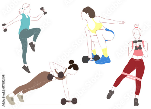 Fitness people illustration doing different workout exercises using dumbbells. Active female characters in modern sportswear showing strength training poses.