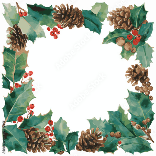 Watercolor painting. Watercolor holly Christmas frame. Christmas vector frame. Pine cones and holly.