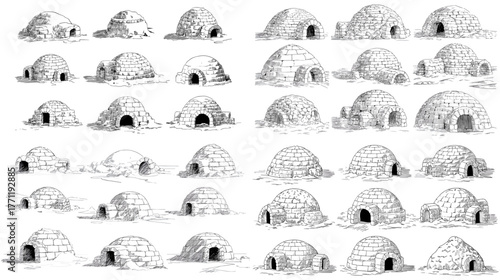 Detailed collection of igloo illustrations in ink style. Hand-drawn Eskimo snow houses showing Arctic architecture, structure, and cultural heritage in artistic sketch form.