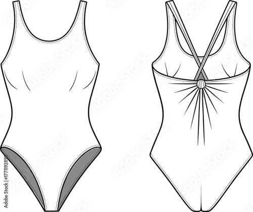 One-piece swimsuit, scoop neck, crisscross back, fashion flat, technicaon desi