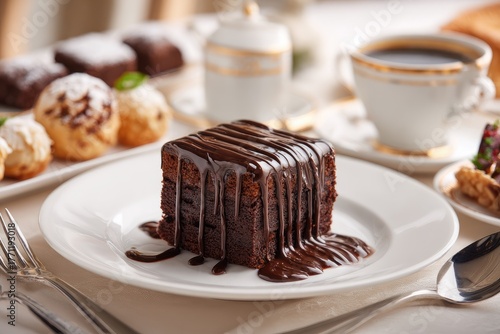 A rich chocolate cake with dark drizzle, served on a white plate with coffee & pastries