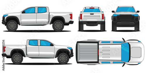 Pickup car vector. Car mockup illustration of a pick up colorado.  Isolated on white background, With side, front, rear and top views