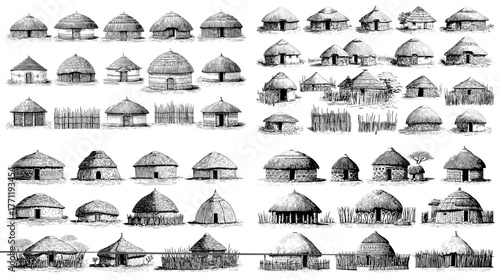 Set of traditional African hut illustrations in ink sketch style. Hand-drawn round houses with thatched roofs, perfect for anthropology, travel, and architectural design themes.