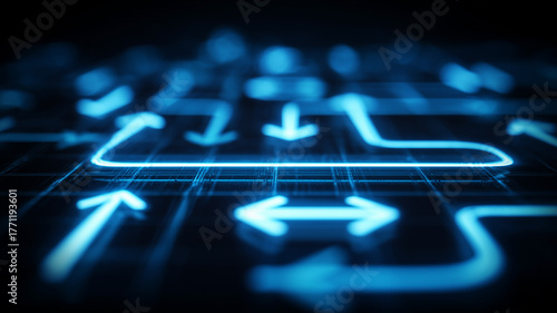 Directional paths on a digital grid illustrating workflow routing, decision automation, and optimized journeys through complex systems.
