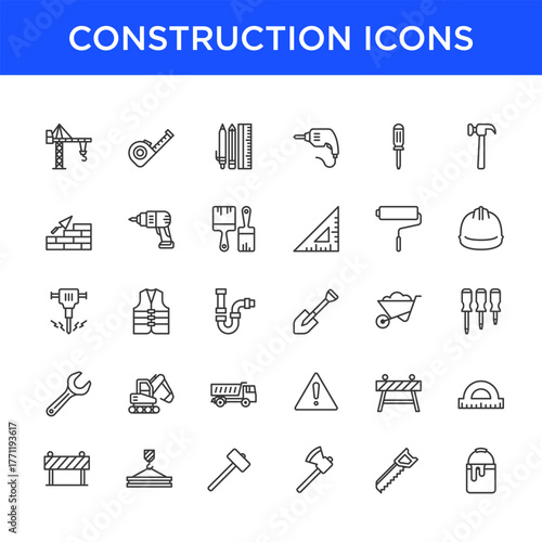 Construction tools icon set in line style, perfect for building apps, web design, and infographics.