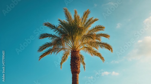 Tropical Palm Tree in Exotic Botanical Garden: Tranquil Blue Sky and Lush Foliage on a Sunny Summer Day