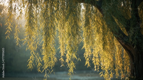 Tranquil Willow Tree with Rippling Reflective Water and Sunlit Leaves in Serene Forest Park