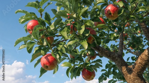 Ripe Red and Green Apples on Tree Branches in Organic Orchard: A Vibrant Showcase of Nature's Bounty in the Summer Sunshine