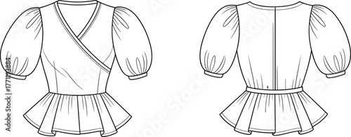 Peplum blouse, puff sleeve, wrap front, fashion flat, technical sketch, vector illustration, garment CAD, si