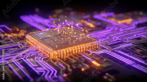 A high performance chip on an electronic board with active signals, conveying accelerated computing, artificial intelligence processing, and next generation performance.
