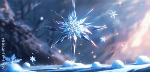 An illuminated abstract crystal starburst emerges from a snowy landscape with floating snowflakes