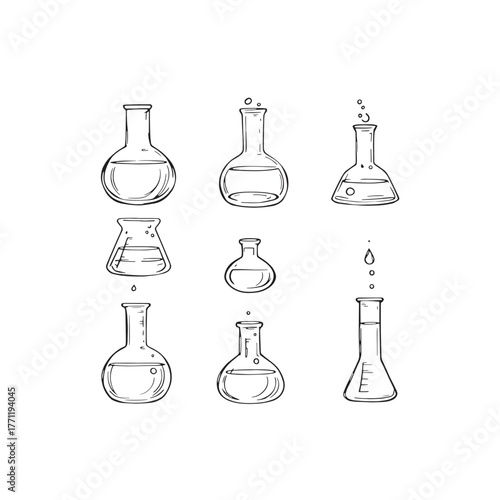 Chemistry flask line art scientific illustration concept