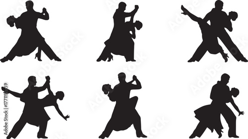 Six Argentine Tango Dancing Couple Silhouettes