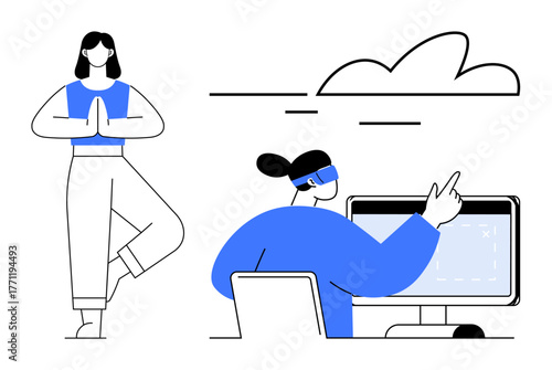 Woman performing yoga pose beside a person using a virtual reality headset at a desk. Ideal for work-life balance, technology, mindfulness, remote work, digital innovation, productivity, relaxation