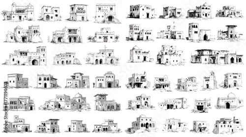 Hand-drawn ink sketches of traditional Mediterranean and Middle Eastern houses. Architectural building illustration set perfect for design, travel, and historical projects.