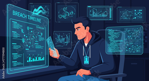 Data breach timeline analysis by cybersecurity professional with futuristic technology