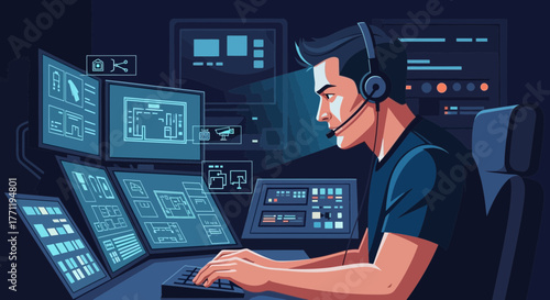 Dedicated technician managing complex systems through advanced monitoring interfaces