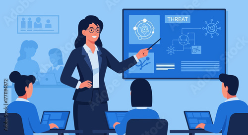Professional female instructor leading a cybersecurity threat analysis presentation
