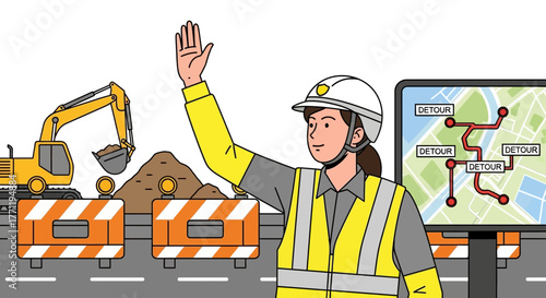 Roadwork management with diversion guidance and excavator in background