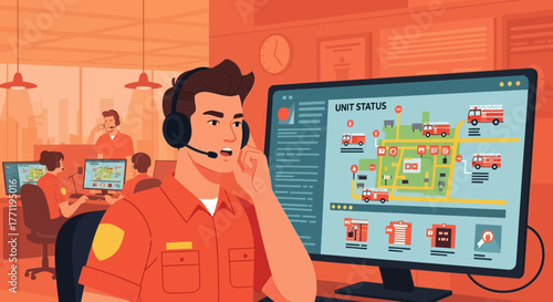 Dispatch Center with Operator Managing Emergency Fire Response System Effectively