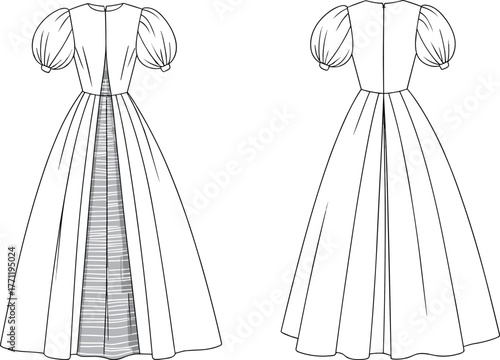 Puff sleeve dress fashion sketch, princess seam bodice, striped panel skirt, front and back view, CAD drawing flat vector illustration