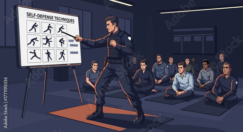 Illustration showcasing a self-defense techniques class with armed instructor