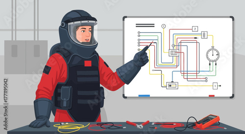 Bomb disposal expert explaining a circuit schematic on a whiteboard diagram