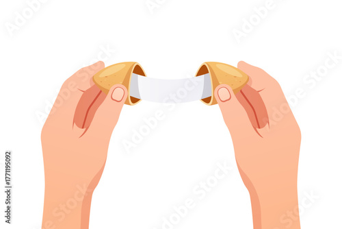 Hand opening empty fortune cookie vector isolated on white background.