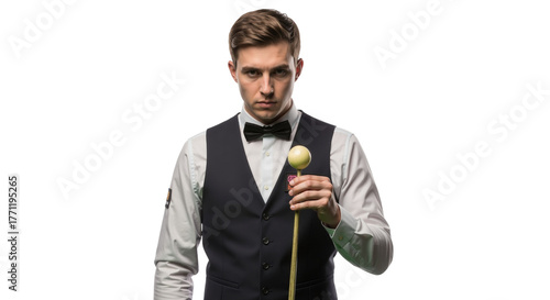 Focused snooker player with cue standing against white background