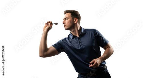 Focused man throwing a dart aiming for precision and skillful execution