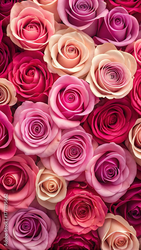 “Rose Bloom Texture – Densely Packed Arrangement of Pink, Red, Cream & Purple Roses in Full Bloom for Floral, Wedding & Romantic Design”