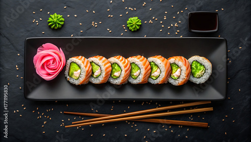 “Sushi Roll Flatlay – Salmon-Topped Rolls with Avocado & Cream Cheese on Black Plate with Ginger Rose, Wasabi Rosettes & Soy Sauce Dish on Slate Background”