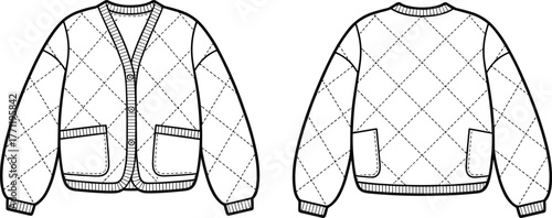 Quilted cardigan fashion template, front and back view, diamond stitch pattern, V-neck button closure, ribbed cuffs, CAD drawing flat vector illustration
