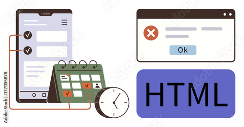 Mobile app with task checklist, calendar for scheduling, clock for time, error popup alert, and HTML code. Ideal for web development, coding, planning, UIUX productivity time management project