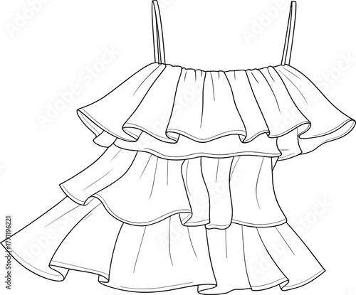 Ruffled sleeveless top fashion sketch, layered cascade design, spaghetti straps, voluminous silhouette, stitching detail, CAD drawing flat vector illustration