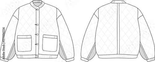Quilted jacket fashion sketch, chevron body, horizontal sleeve pattern, zip front, high collar, CAD drawing flat vector illustration