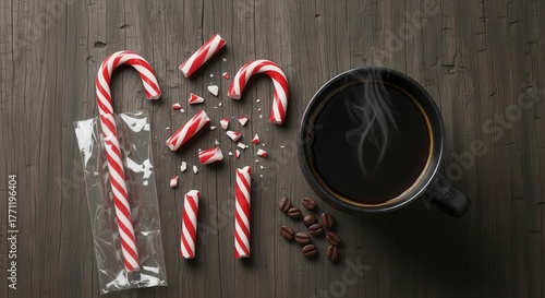 Sweet Candy Canes Broken Pieces Alongside Steaming Coffee Cup and Beans