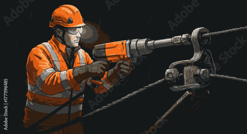 A construction worker in safety gear uses a powerful impact wrench to secure heavy industrial cables in a dark, demanding environment.