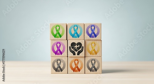 Awareness Ribbons on Wooden Blocks A Symbol of Hope and Support