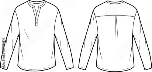 Long sleeve shirt, fashion flat sketch, front and back view, technical garment drawing, shirt design template, cad drawing flat vector illustration