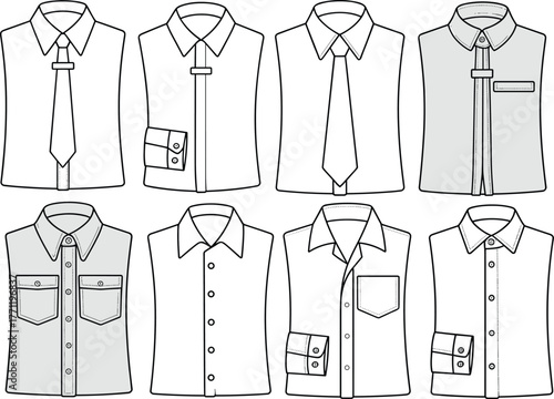 Men's dress shirts, fashion sketch, technical flat, collar styles, button placket, chest pocket, tie detail, CAD drawing, vector template, apparel design