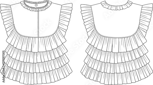 Ruffled top fashion sketch, front and back view, pleated layers, flutter sleeves, round neckline, button closure, garment detail, vector apparel illustration